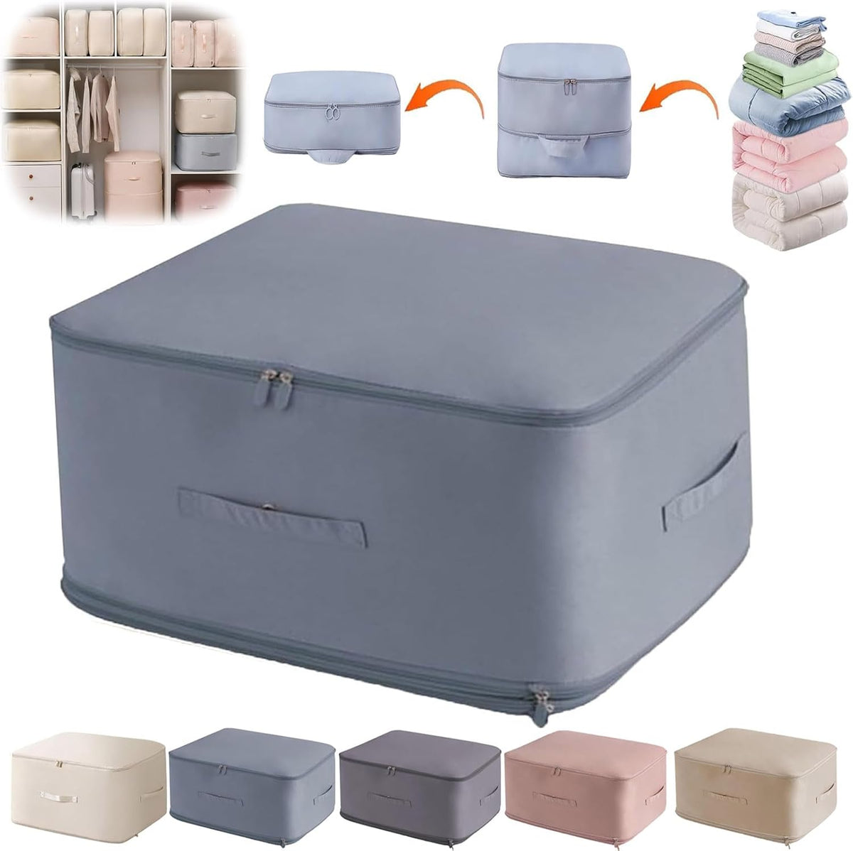 Ultra Space Saving Self Compression Organizer, Portable Heavy Duty Moving Bags, Compression Packing Cubes for Travel, Large Capacity Foldable Clothes Storage Bag with Zipper (Grey Blue, Small)