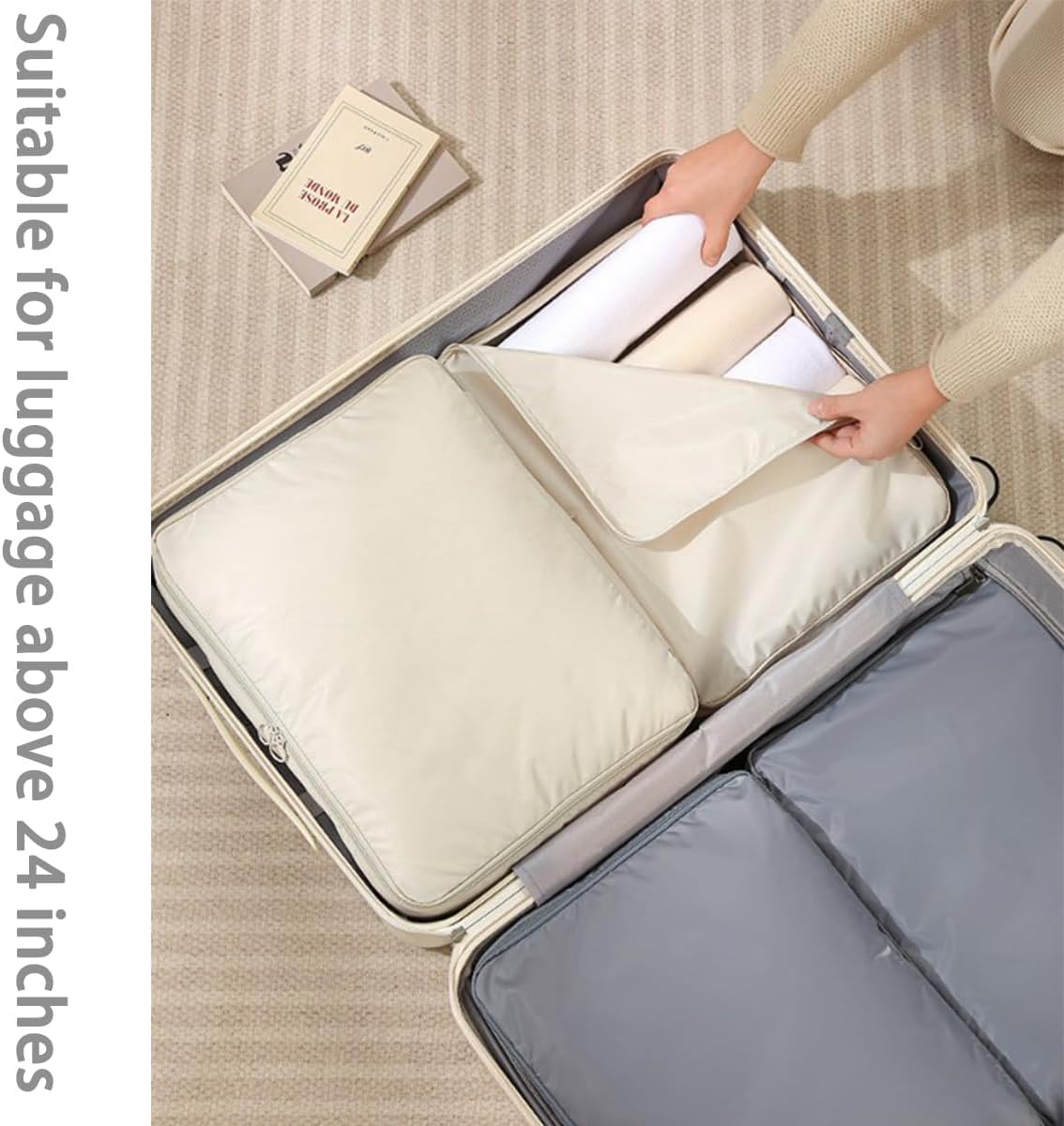 Ultra Space Saving Self Compression Organizer, Portable Heavy Duty Moving Bags, Compression Packing Cubes for Travel, Large Capacity Foldable Clothes Storage Bag with Zipper (Grey Blue, Small)