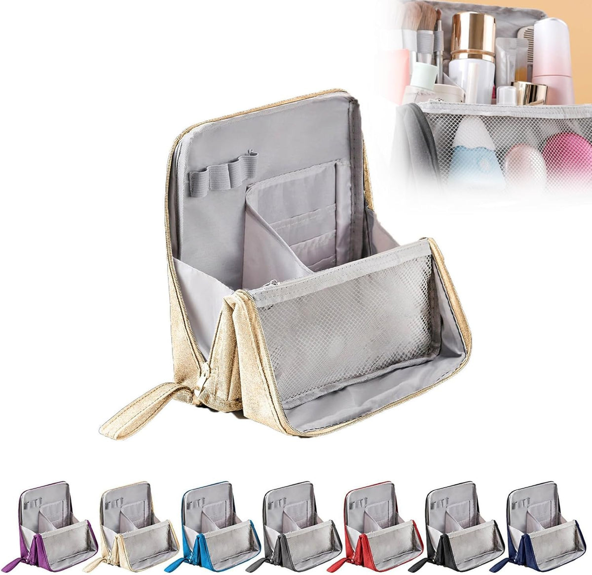 Standing Cosmetic Bag Organizer - Large Travel Makeup Bag with Multiple Compartments for Beauty Supplies Storage Portable Functional Makeup Case for Home & Vacation (Black)