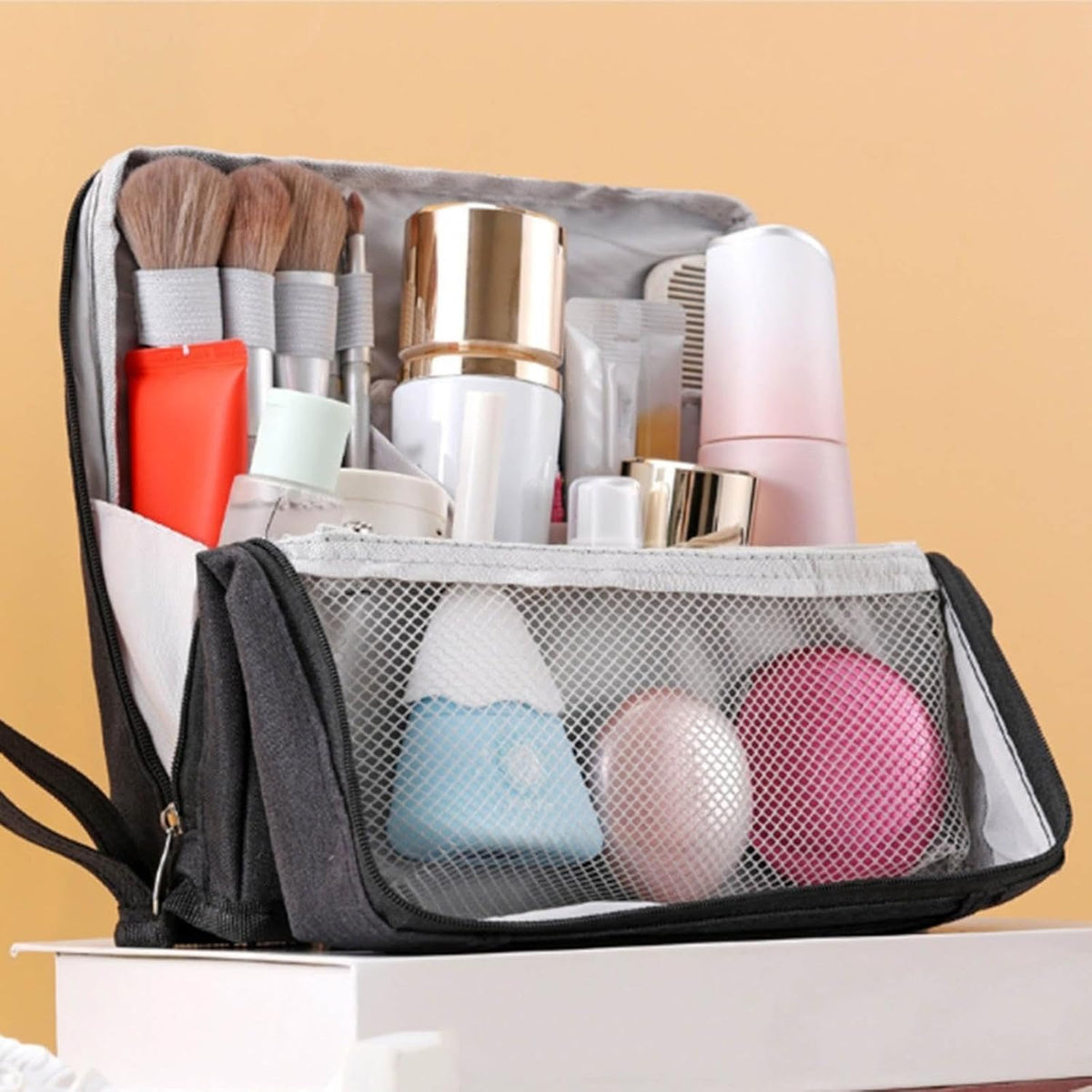 Standing Cosmetic Bag Organizer - Large Travel Makeup Bag with Multiple Compartments for Beauty Supplies Storage Portable Functional Makeup Case for Home & Vacation (Black)