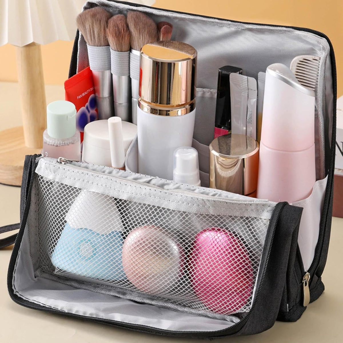 Standing Cosmetic Bag Organizer - Large Travel Makeup Bag with Multiple Compartments for Beauty Supplies Storage Portable Functional Makeup Case for Home & Vacation (Black)