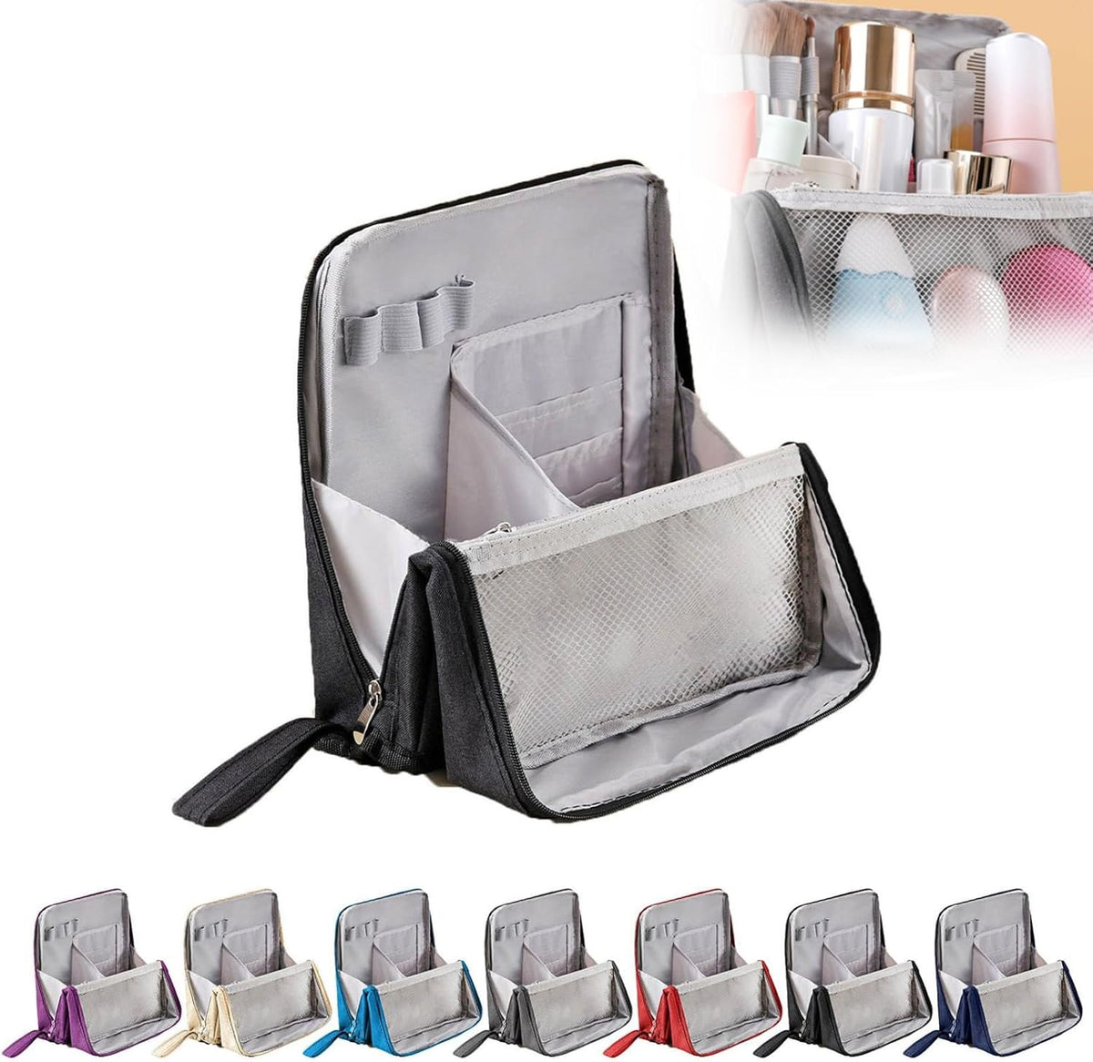 Standing Cosmetic Bag Organizer - Large Travel Makeup Bag with Multiple Compartments for Beauty Supplies Storage Portable Functional Makeup Case for Home & Vacation (Black)