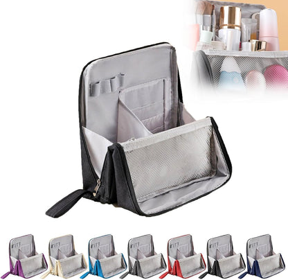 Standing Cosmetic Bag Organizer - Large Travel Makeup Bag with Multiple Compartments for Beauty Supplies Storage Portable Functional Makeup Case for Home & Vacation (Black)