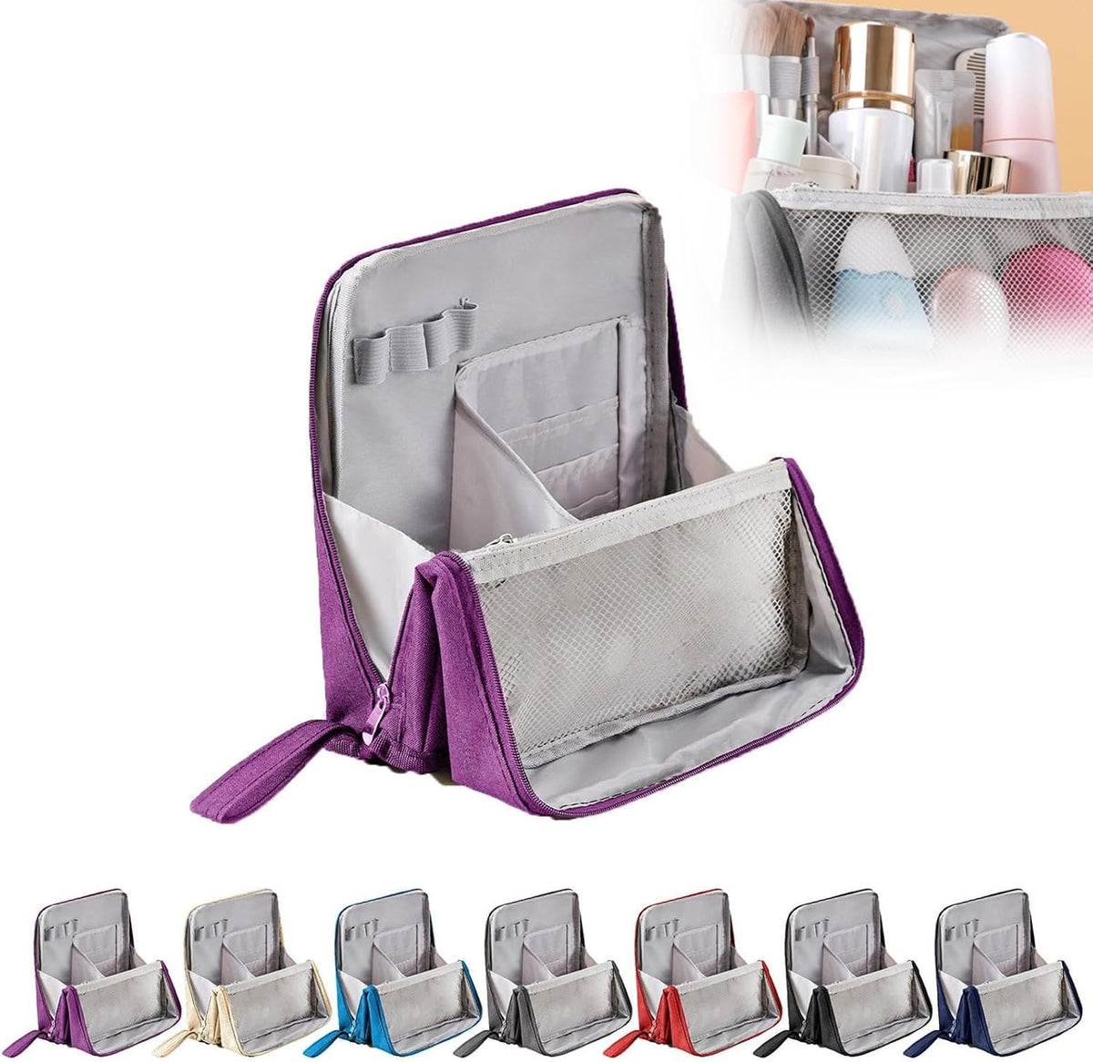 Standing Cosmetic Bag Organizer - Large Travel Makeup Bag with Multiple Compartments for Beauty Supplies Storage Portable Functional Makeup Case for Home & Vacation (Black)