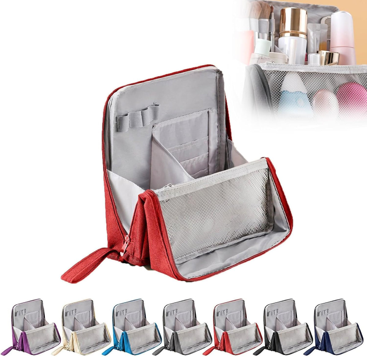 Standing Cosmetic Bag Organizer - Large Travel Makeup Bag with Multiple Compartments for Beauty Supplies Storage Portable Functional Makeup Case for Home & Vacation (Black)