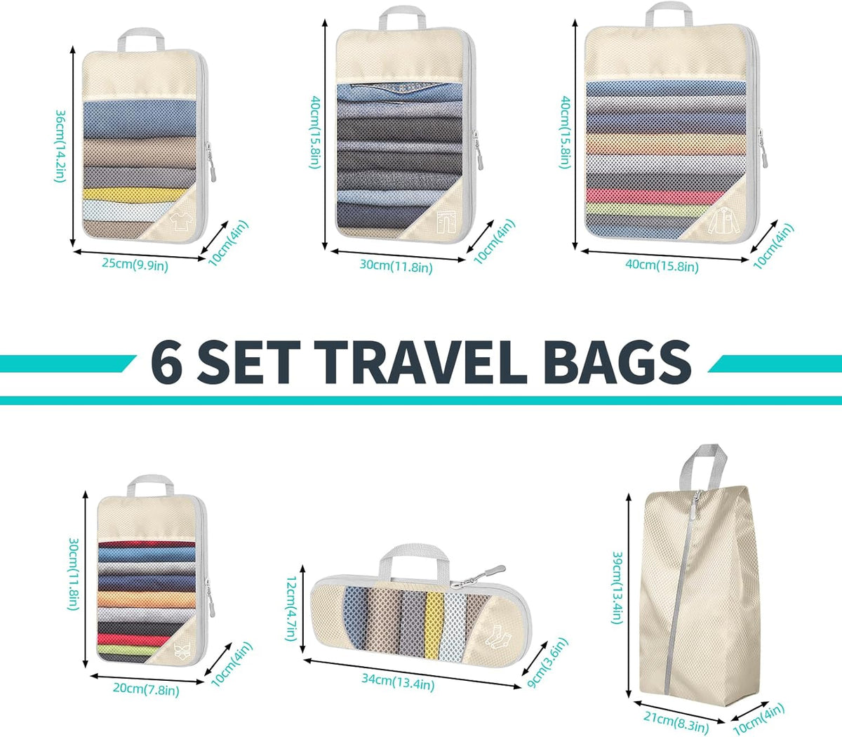 6 Set Compression Packing Cubes for Travel - Compressible, Lightweight, and Space-Saving Packing Cubes, Travel Accessories Luggage Suitcase Backpack for Men Women (Grey)
