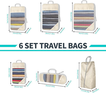 6 Set Compression Packing Cubes for Travel - Compressible, Lightweight, and Space-Saving Packing Cubes, Travel Accessories Luggage Suitcase Backpack for Men Women (Grey)