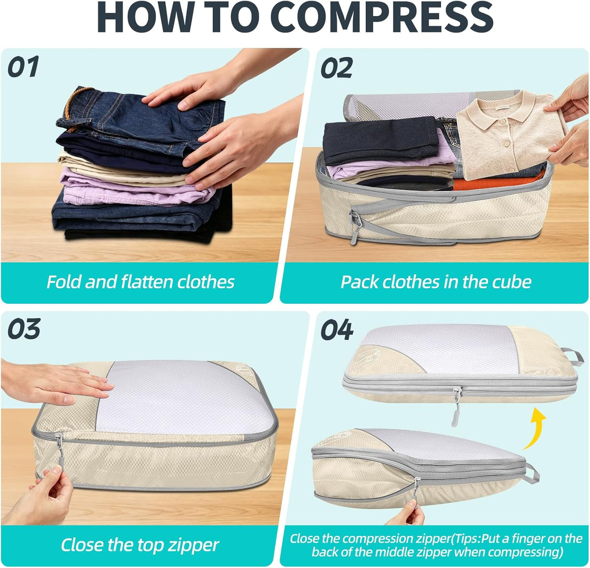 6 Set Compression Packing Cubes for Travel - Compressible, Lightweight, and Space-Saving Packing Cubes, Travel Accessories Luggage Suitcase Backpack for Men Women (Grey)