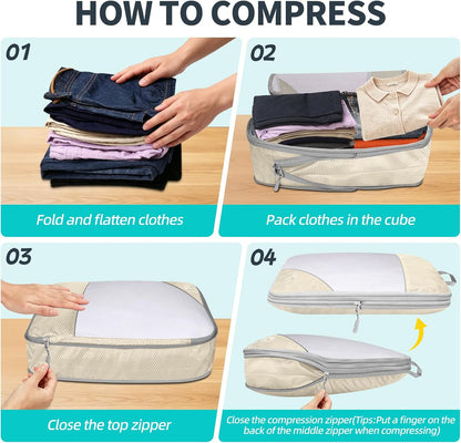 6 Set Compression Packing Cubes for Travel - Compressible, Lightweight, and Space-Saving Packing Cubes, Travel Accessories Luggage Suitcase Backpack for Men Women (Grey)