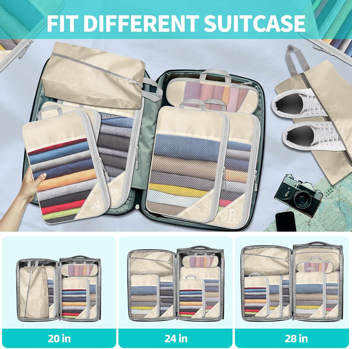 6 Set Compression Packing Cubes for Travel - Compressible, Lightweight, and Space-Saving Packing Cubes, Travel Accessories Luggage Suitcase Backpack for Men Women (Grey)