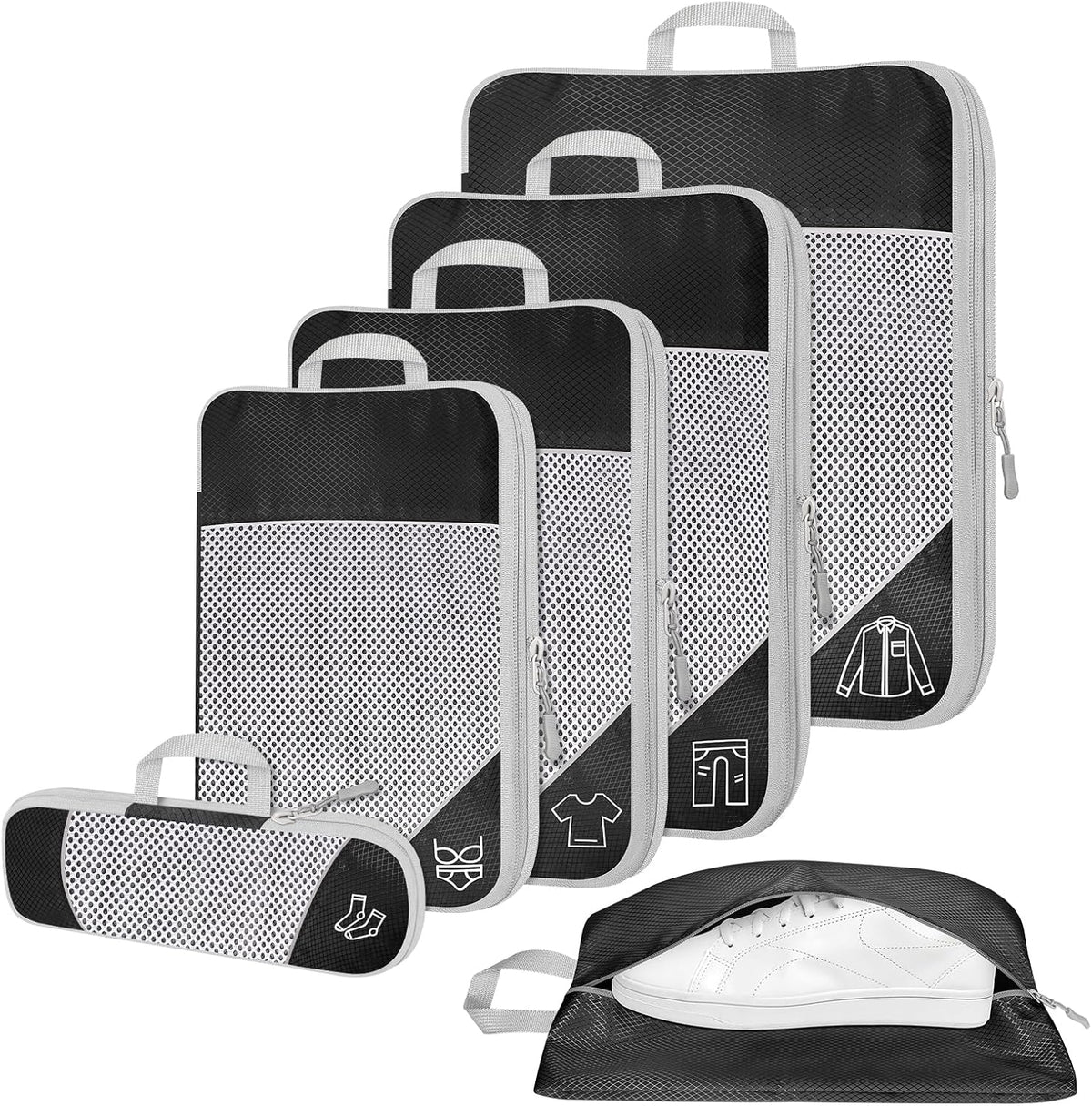 6 Set Compression Packing Cubes for Travel - Compressible, Lightweight, and Space-Saving Packing Cubes, Travel Accessories Luggage Suitcase Backpack for Men Women (Grey)
