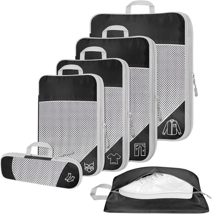 6 Set Compression Packing Cubes for Travel - Compressible, Lightweight, and Space-Saving Packing Cubes, Travel Accessories Luggage Suitcase Backpack for Men Women (Grey)