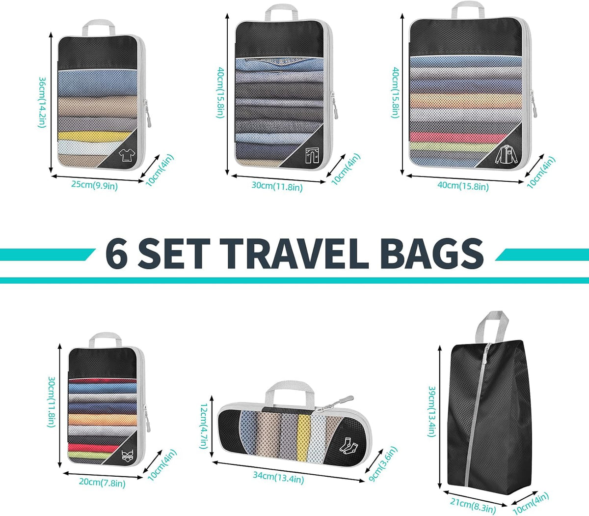 6 Set Compression Packing Cubes for Travel - Compressible, Lightweight, and Space-Saving Packing Cubes, Travel Accessories Luggage Suitcase Backpack for Men Women (Grey)