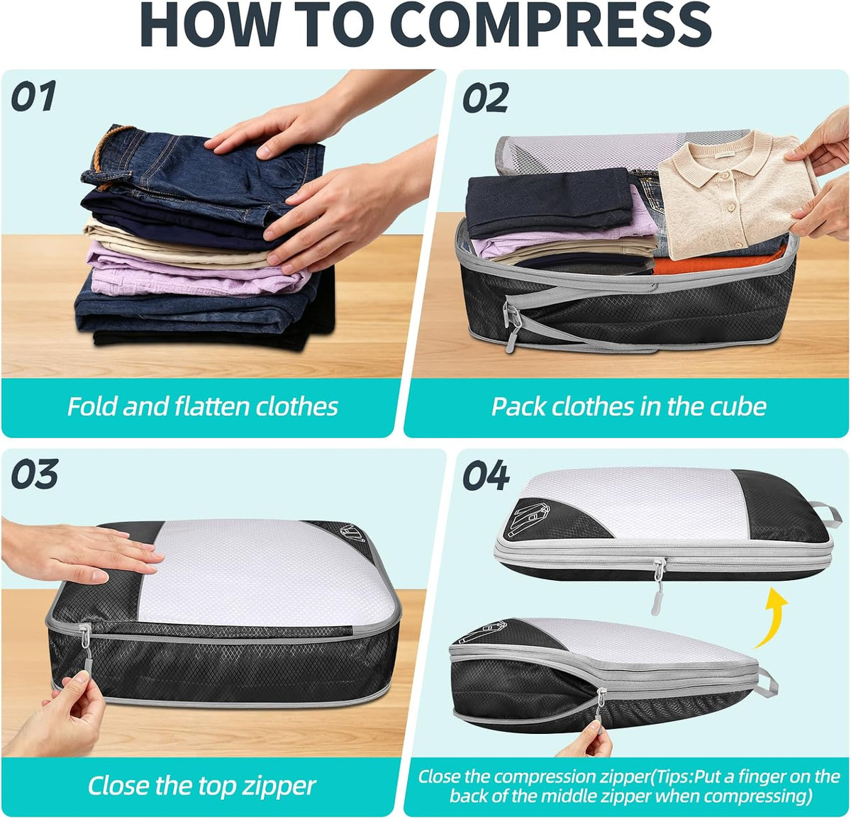 6 Set Compression Packing Cubes for Travel - Compressible, Lightweight, and Space-Saving Packing Cubes, Travel Accessories Luggage Suitcase Backpack for Men Women (Grey)