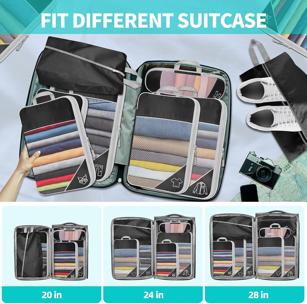 6 Set Compression Packing Cubes for Travel - Compressible, Lightweight, and Space-Saving Packing Cubes, Travel Accessories Luggage Suitcase Backpack for Men Women (Grey)