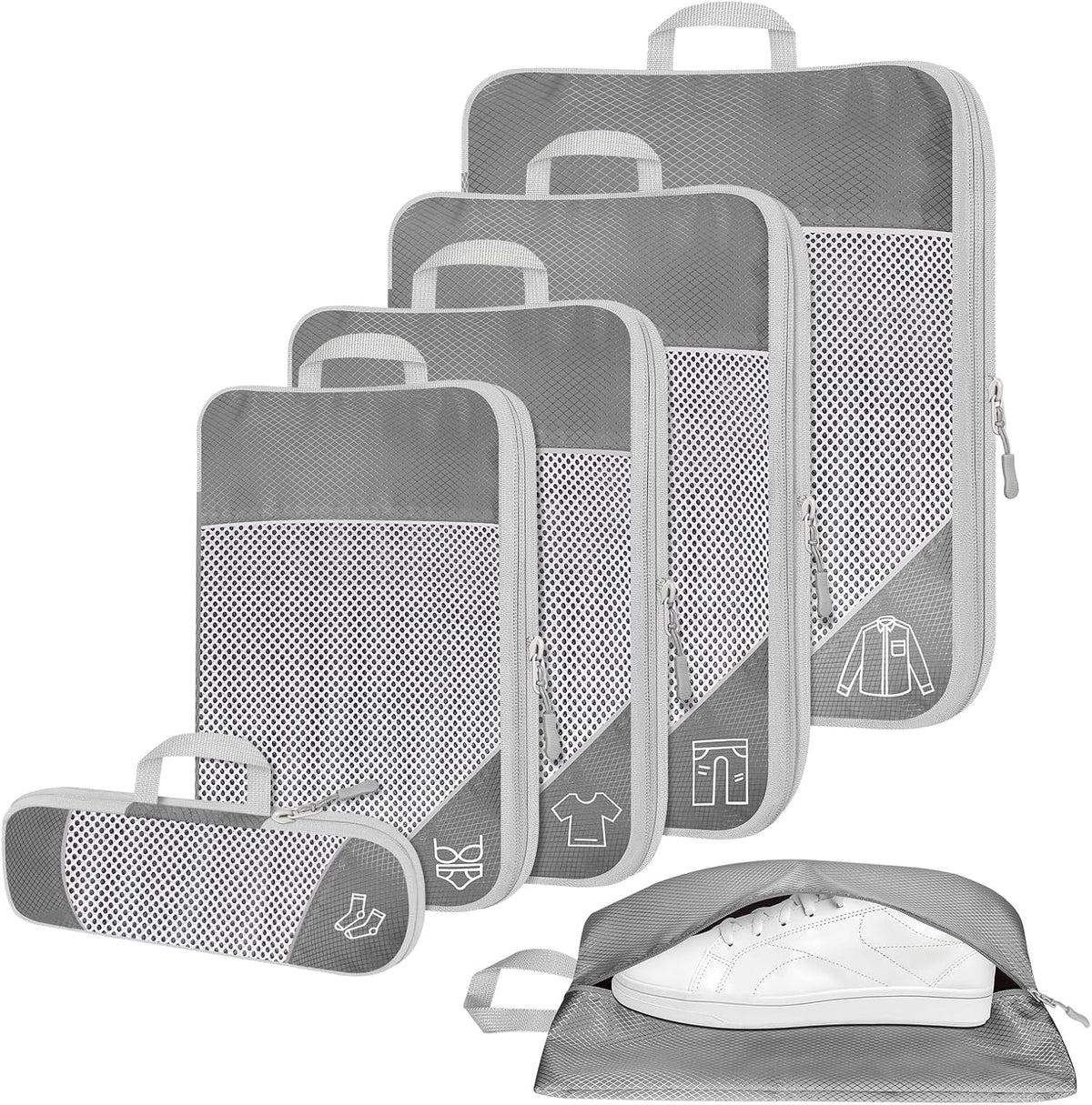 6 Set Compression Packing Cubes for Travel - Compressible, Lightweight, and Space-Saving Packing Cubes, Travel Accessories Luggage Suitcase Backpack for Men Women (Grey)