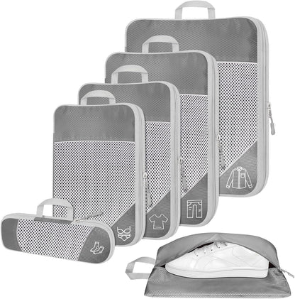 6 Set Compression Packing Cubes for Travel - Compressible, Lightweight, and Space-Saving Packing Cubes, Travel Accessories Luggage Suitcase Backpack for Men Women (Grey)