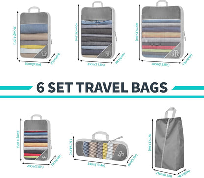 6 Set Compression Packing Cubes for Travel - Compressible, Lightweight, and Space-Saving Packing Cubes, Travel Accessories Luggage Suitcase Backpack for Men Women (Grey)