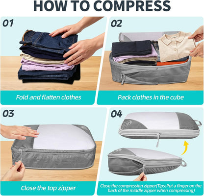 6 Set Compression Packing Cubes for Travel - Compressible, Lightweight, and Space-Saving Packing Cubes, Travel Accessories Luggage Suitcase Backpack for Men Women (Grey)