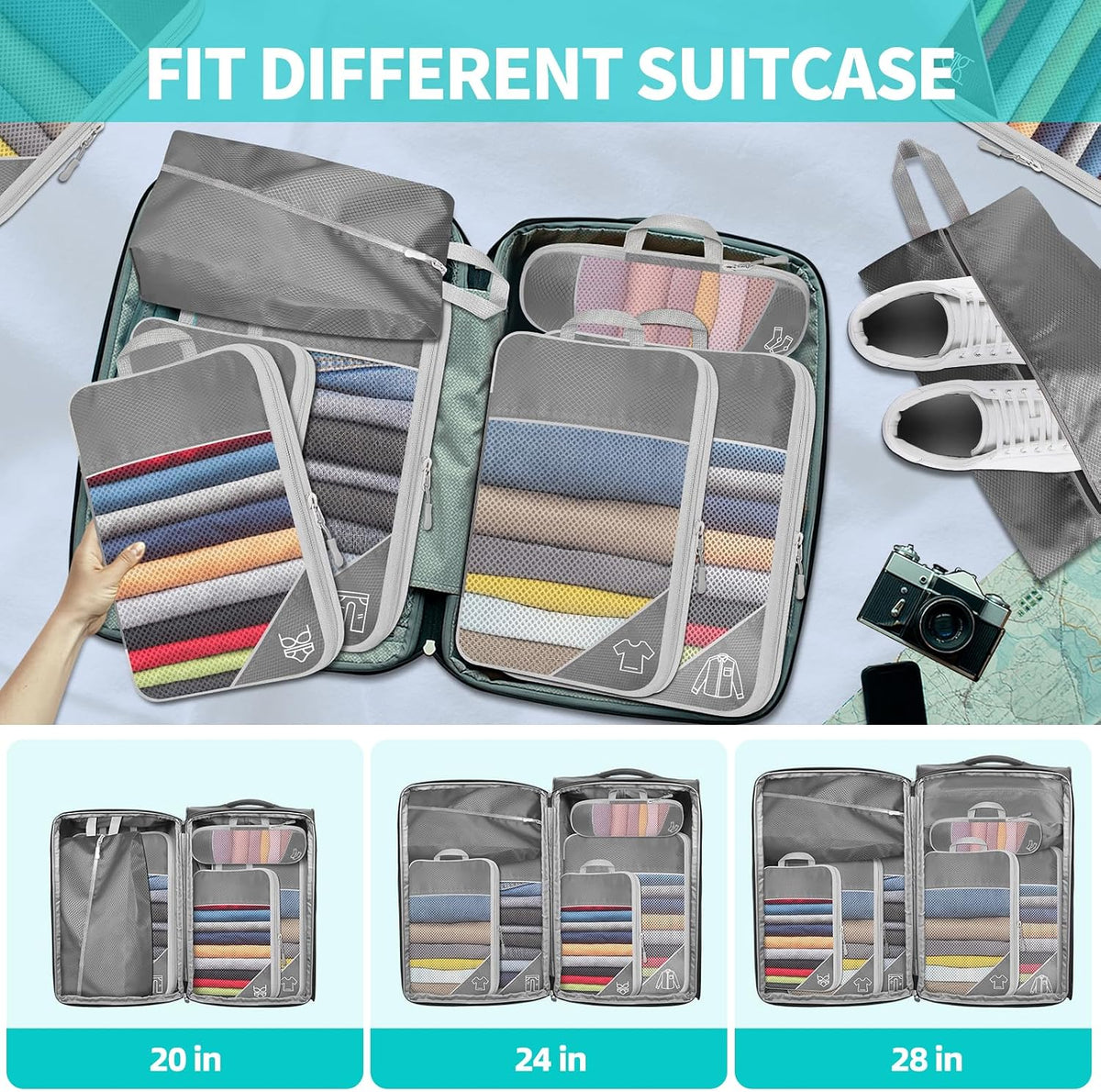 6 Set Compression Packing Cubes for Travel - Compressible, Lightweight, and Space-Saving Packing Cubes, Travel Accessories Luggage Suitcase Backpack for Men Women (Grey)