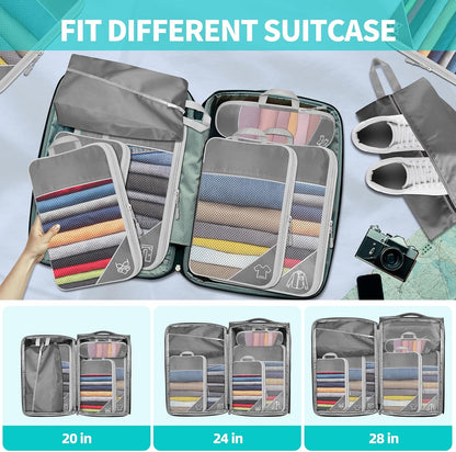 6 Set Compression Packing Cubes for Travel - Compressible, Lightweight, and Space-Saving Packing Cubes, Travel Accessories Luggage Suitcase Backpack for Men Women (Grey)