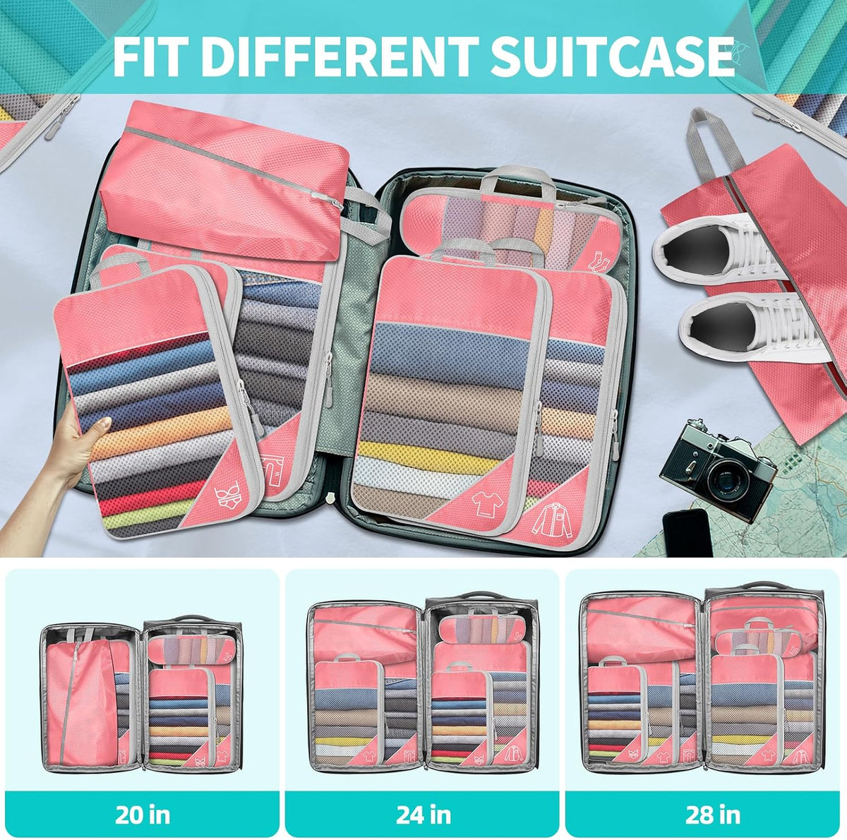 6 Set Compression Packing Cubes for Travel - Compressible, Lightweight, and Space-Saving Packing Cubes, Travel Accessories Luggage Suitcase Backpack for Men Women (Grey)