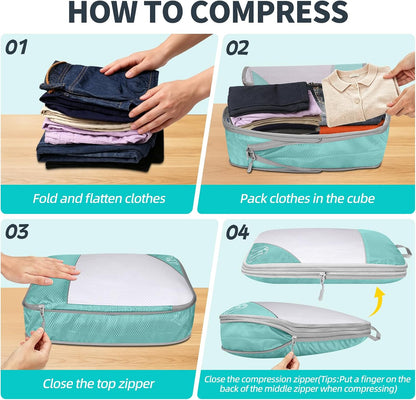 6 Set Compression Packing Cubes for Travel - Compressible, Lightweight, and Space-Saving Packing Cubes, Travel Accessories Luggage Suitcase Backpack for Men Women (Grey)