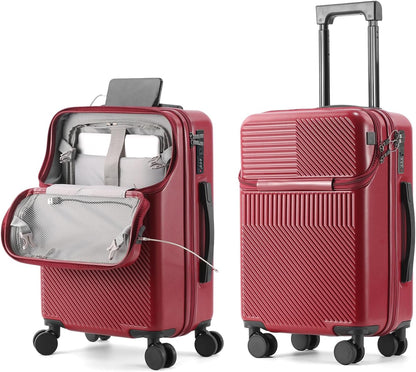 20 Inch Carry On Luggage with Spinner Wheels, PC Hard Shell Suitcase Equipped with Cup Holder, Phone Holder and USB Port, Lightweight Airline Approved Travel Luggage for Men and Women