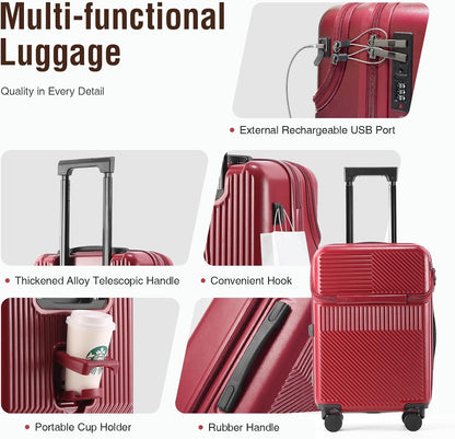 20 Inch Carry On Luggage with Spinner Wheels, PC Hard Shell Suitcase Equipped with Cup Holder, Phone Holder and USB Port, Lightweight Airline Approved Travel Luggage for Men and Women
