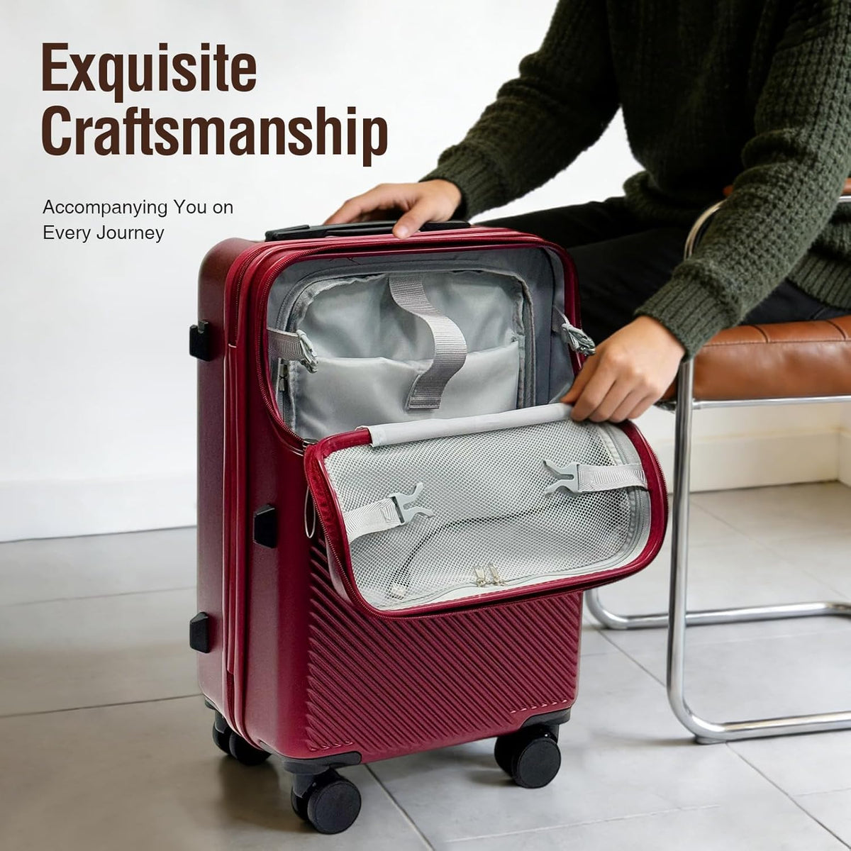20 Inch Carry On Luggage with Spinner Wheels, PC Hard Shell Suitcase Equipped with Cup Holder, Phone Holder and USB Port, Lightweight Airline Approved Travel Luggage for Men and Women