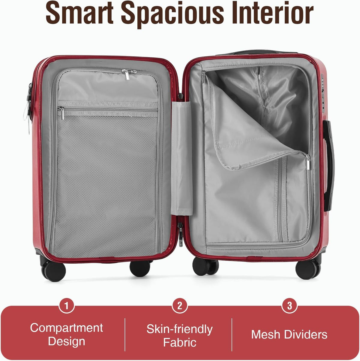 20 Inch Carry On Luggage with Spinner Wheels, PC Hard Shell Suitcase Equipped with Cup Holder, Phone Holder and USB Port, Lightweight Airline Approved Travel Luggage for Men and Women