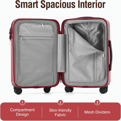 20 Inch Carry On Luggage with Spinner Wheels, PC Hard Shell Suitcase Equipped with Cup Holder, Phone Holder and USB Port, Lightweight Airline Approved Travel Luggage for Men and Women
