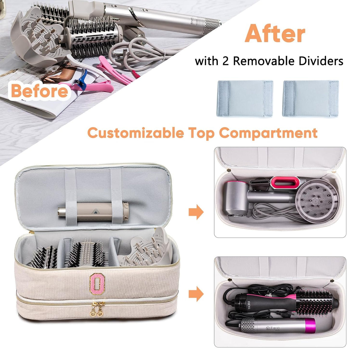 Initial Personalized Hair Tools Travel Bag Double-Layer Hair Dryer Case Compatible with Shark FlexStyle/SmoothStyle, Dysson Airwrap & Supersonic – Hair Tool Organizer for Travel & Home