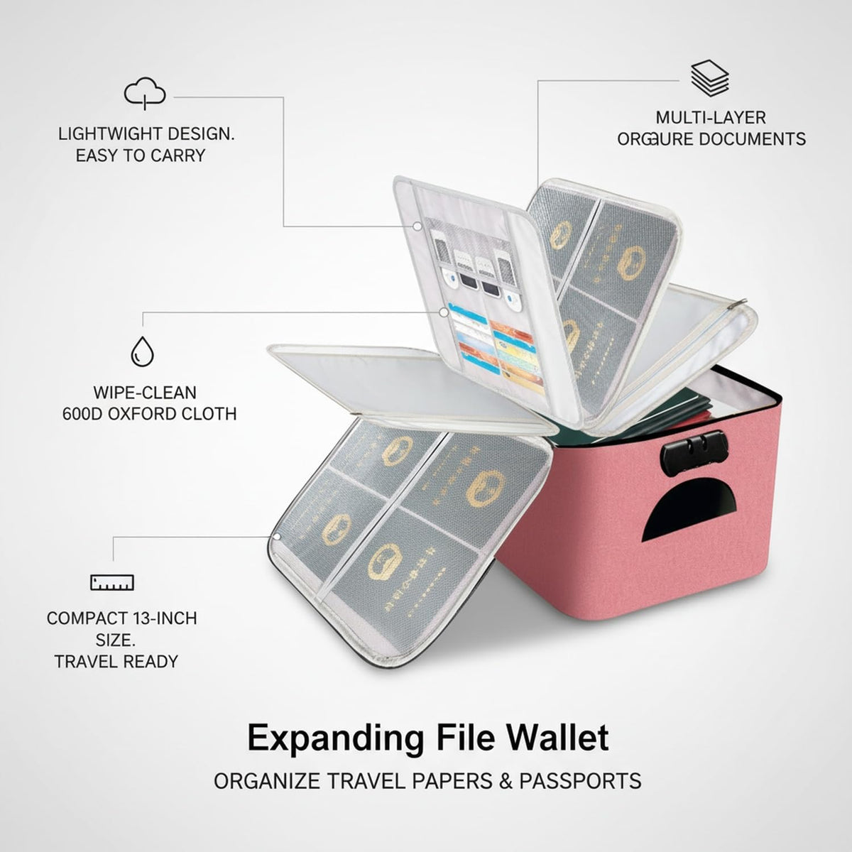 Expanding File Wallet for Travel Documents, 600D Oxford Cloth Multi-Layer Organizer Bag for Passports and Papers, Portable Carrier (1 PC)
