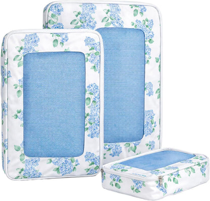 3 Pack Compression Packing Cubes for Travel 3 Size Clothing Bags with Mesh Window for Travel Home Underwear Clothes Accessories Organization Women (Blue Floral)