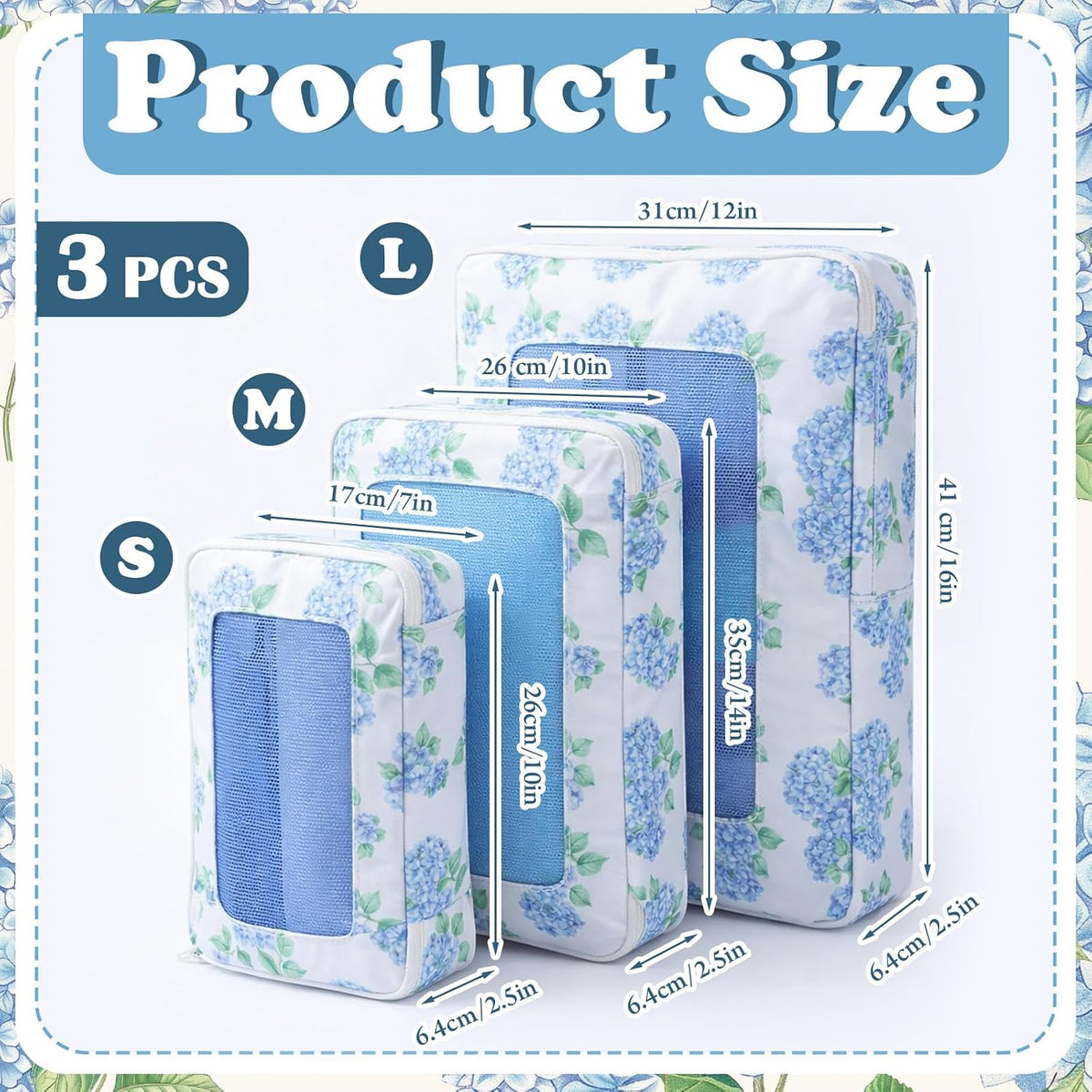 3 Pack Compression Packing Cubes for Travel 3 Size Clothing Bags with Mesh Window for Travel Home Underwear Clothes Accessories Organization Women (Blue Floral)