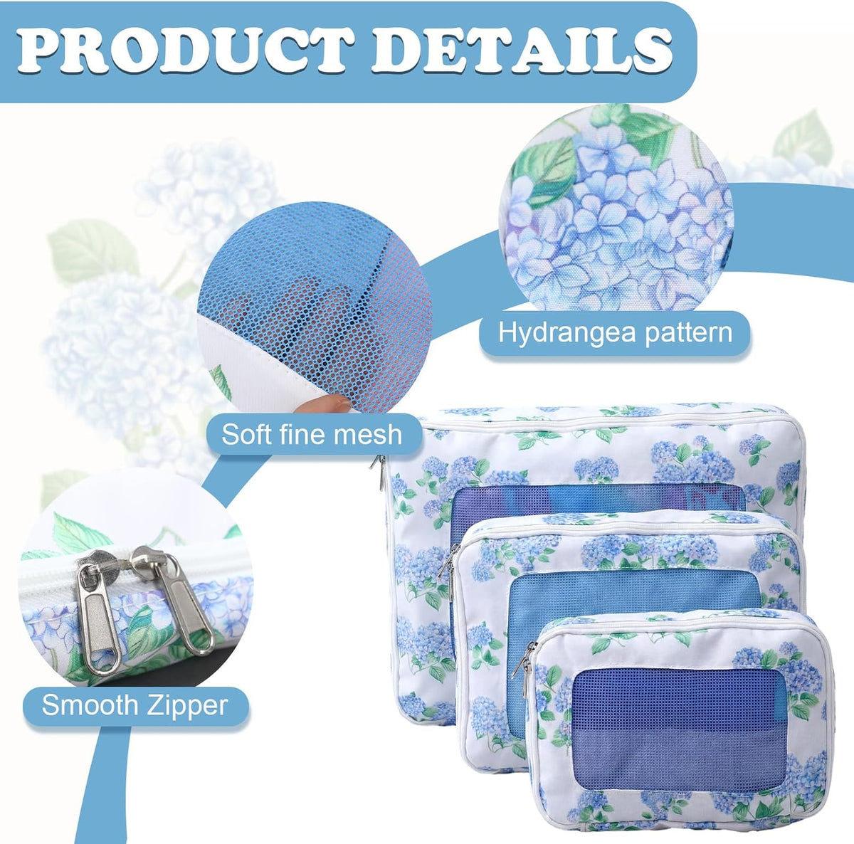 3 Pack Compression Packing Cubes for Travel 3 Size Clothing Bags with Mesh Window for Travel Home Underwear Clothes Accessories Organization Women (Blue Floral)
