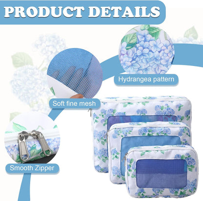3 Pack Compression Packing Cubes for Travel 3 Size Clothing Bags with Mesh Window for Travel Home Underwear Clothes Accessories Organization Women (Blue Floral)