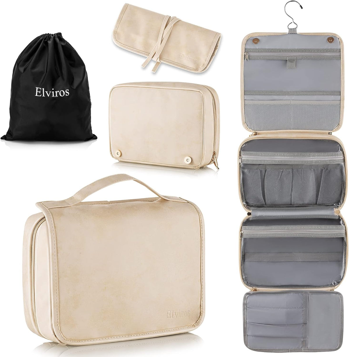 Hanging Toiletry Bag Removable Travel Bag PU leather Makeup Cosmetic Organizer Kit, Dark Brown