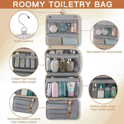Hanging Toiletry Bag Removable Travel Bag PU leather Makeup Cosmetic Organizer Kit, Dark Brown