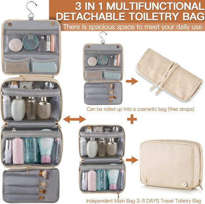 Hanging Toiletry Bag Removable Travel Bag PU leather Makeup Cosmetic Organizer Kit, Dark Brown