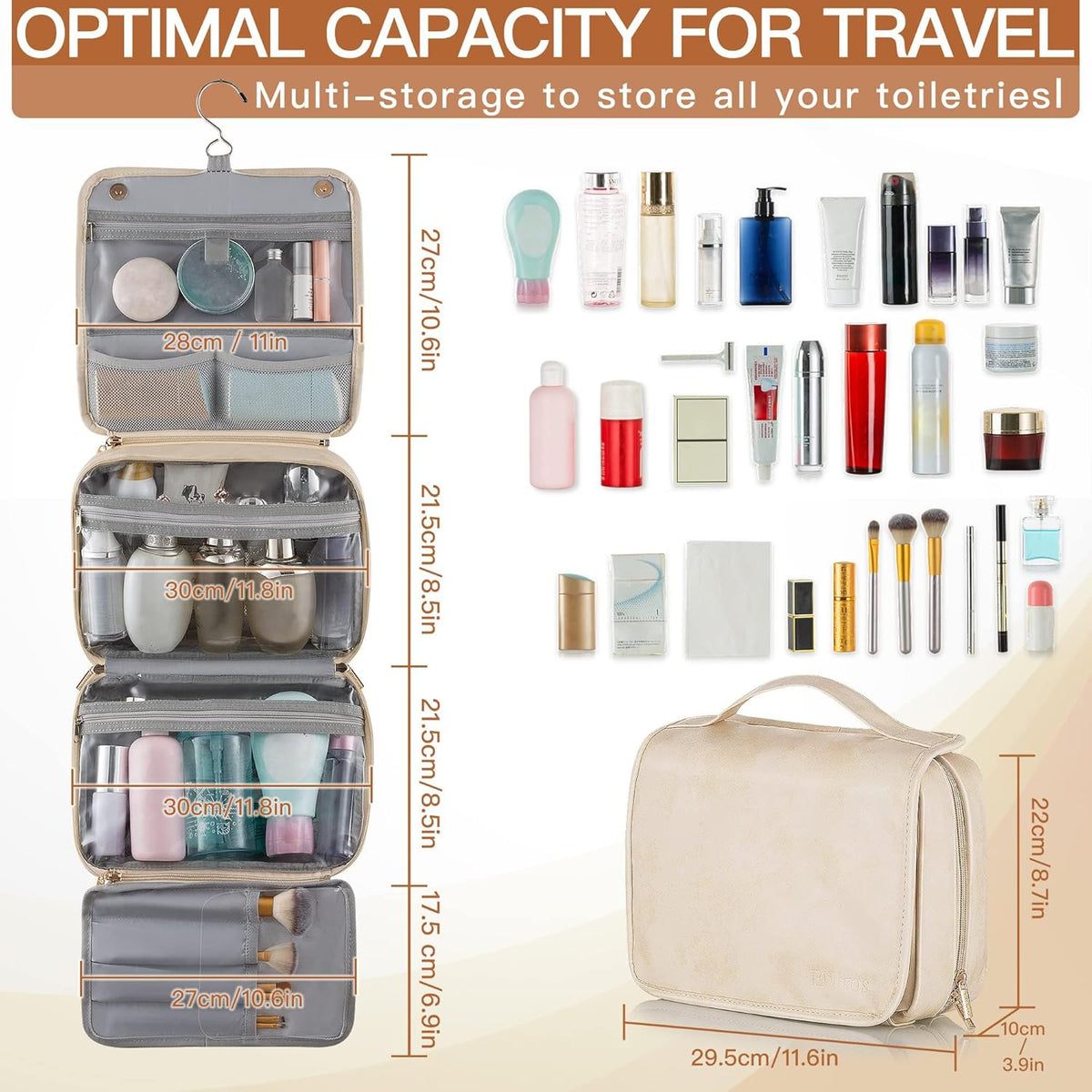 Hanging Toiletry Bag Removable Travel Bag PU leather Makeup Cosmetic Organizer Kit, Dark Brown