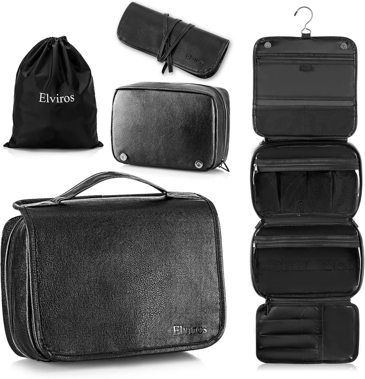 Hanging Toiletry Bag Removable Travel Bag PU leather Makeup Cosmetic Organizer Kit, Dark Brown