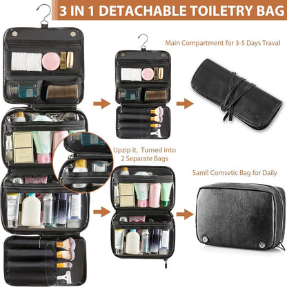 Hanging Toiletry Bag Removable Travel Bag PU leather Makeup Cosmetic Organizer Kit, Dark Brown