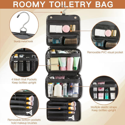 Hanging Toiletry Bag Removable Travel Bag PU leather Makeup Cosmetic Organizer Kit, Dark Brown