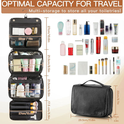 Hanging Toiletry Bag Removable Travel Bag PU leather Makeup Cosmetic Organizer Kit, Dark Brown
