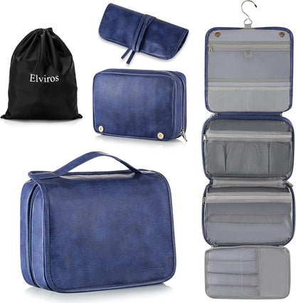 Hanging Toiletry Bag Removable Travel Bag PU leather Makeup Cosmetic Organizer Kit, Dark Brown