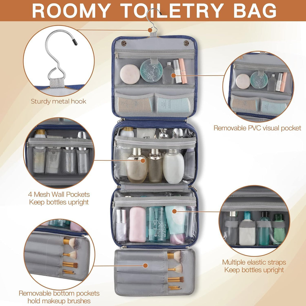 Hanging Toiletry Bag Removable Travel Bag PU leather Makeup Cosmetic Organizer Kit, Dark Brown