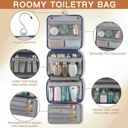 Hanging Toiletry Bag Removable Travel Bag PU leather Makeup Cosmetic Organizer Kit, Dark Brown
