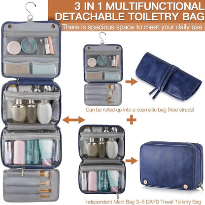Hanging Toiletry Bag Removable Travel Bag PU leather Makeup Cosmetic Organizer Kit, Dark Brown